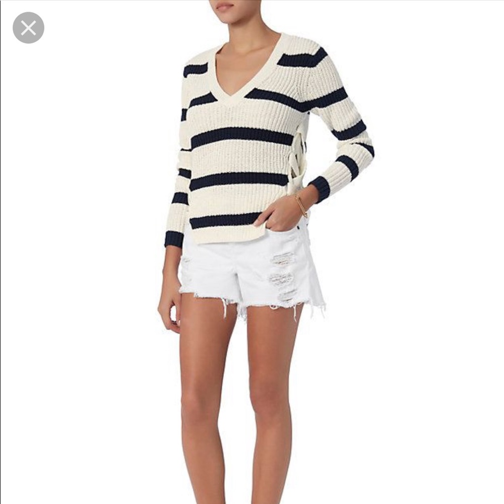Derek Lam Lace-Up Side V Neck Striped Sweater